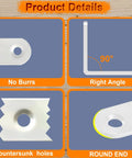 Product details of 20 Pack Small White L Brackets Stainless Steel Corner Braces showing right angle, countersunk holes, and round end design.