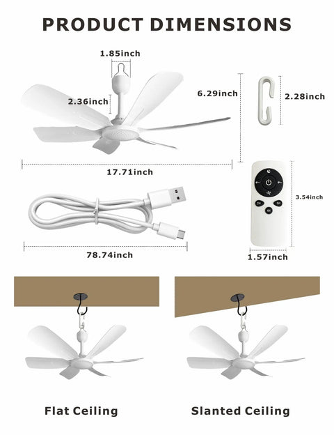 Kicking Airflow 18 Inch Usb Ceiling Fan With Remote Control And 6 Speed Settings Featuring Max Wind And Sleep Mode Plus Timer dimensions and setup for flat and slanted ceilings.