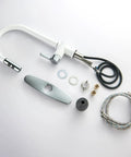 LIWEIKE Utility Sink Faucet White Laundry Sink Faucet with Pull Down Sprayer parts and accessories layout on white background.