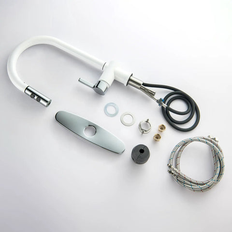 LIWEIKE Utility Sink Faucet White Laundry Sink Faucet with Pull Down Sprayer parts and accessories layout on white background.