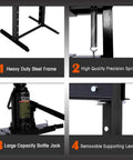 12 Ton Hydraulic Shop Press With Floor Mount Adjustable Working Table Height Includes Press Plates H Frame Garage Floor Press For Auto Body Metal Fabrication DIY Projects High Pressure Bottle Jack and Durable Black Finish with steel frame, precision spring, large capacity bottle jack, and supporting levers.