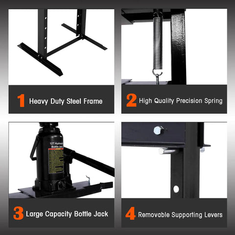 12 Ton Hydraulic Shop Press With Floor Mount Adjustable Working Table Height Includes Press Plates H Frame Garage Floor Press For Auto Body Metal Fabrication DIY Projects High Pressure Bottle Jack and Durable Black Finish with steel frame, precision spring, large capacity bottle jack, and supporting levers.