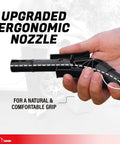 Hand holding the ergonomic nozzle of 5th Gen Fuel Transfer Pump With Overfill Protection 2.7 GPM Universal Gas Can Adapter
