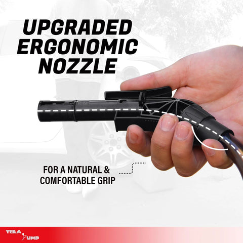 Hand holding the ergonomic nozzle of 5th Gen Fuel Transfer Pump With Overfill Protection 2.7 GPM Universal Gas Can Adapter