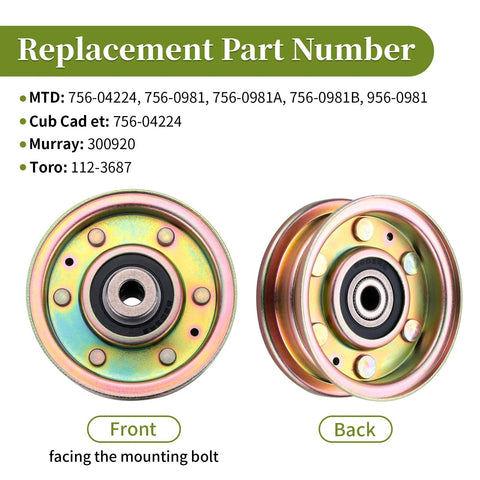 Replacement flat idler pulley, rainbow metal finish, front and back views, 1 pack
