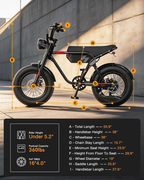 Side view of Beast 1200W Fat Tire Electric Mountain Bike with measurement details, suitable for teens and adults, black color