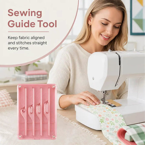 Woman using Magnetic Seam Guide For Sewing Machines, No Brainer Fabric Alignment Tool For Straight Seams with pink sewing guide.