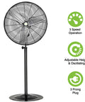 30 Inch High Velocity Industrial Pedestal Fan With 8900 CFM Beast Mode Power, 3 speed heavy duty oscillating stand, black aluminum blades