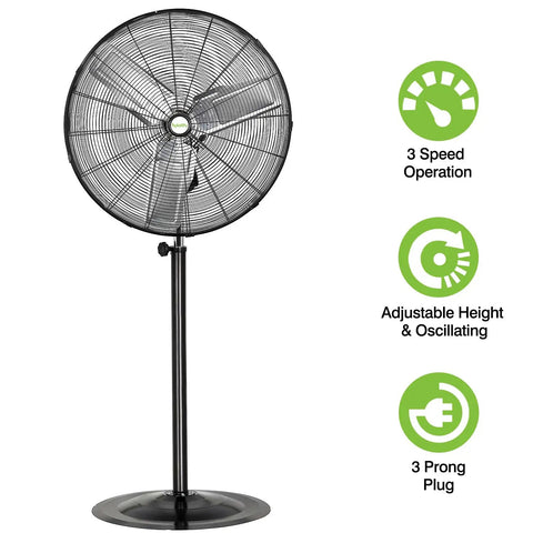 30 Inch High Velocity Industrial Pedestal Fan With 8900 CFM Beast Mode Power, 3 speed heavy duty oscillating stand, black aluminum blades