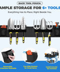 Back tool pouch with ample storage for 6+ tools, featuring two side pockets, installable around the armrest, removable and washable.