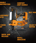 20 Volt Cordless 3-In-1 16 And 18 Gauge Nailer And Stapler Tool Only, highlighted features include ergonomic grip and LED light.
