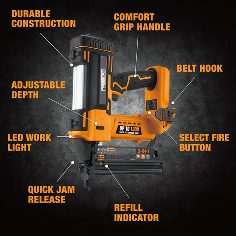 20 Volt Cordless 3-In-1 16 And 18 Gauge Nailer And Stapler Tool Only, highlighted features include ergonomic grip and LED light.