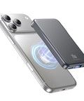Heavy Duty Compact Magnetic Portable Charger And Serious 10000mAh Fast MagSafe Battery Pack attaching to a smartphone.
