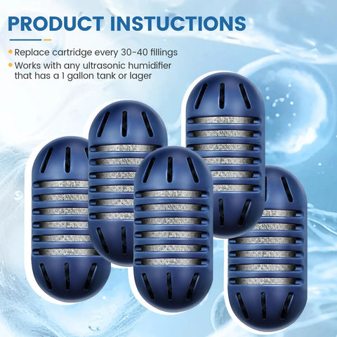 Demineralization Cartridge Pack For Ultrasonic Humidifiers 16 Pack with product instructions and visible cartridges
