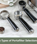4 types of portafilter selections on a marble countertop, including ESE pods, Nespresso, ground coffee bottomless, and traditional sets