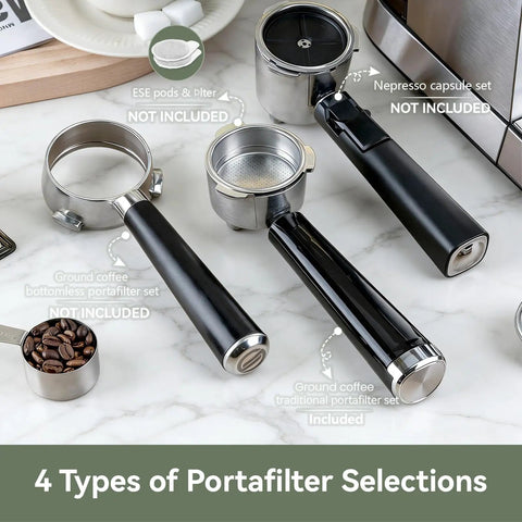 4 types of portafilter selections on a marble countertop, including ESE pods, Nespresso, ground coffee bottomless, and traditional sets