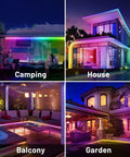 Rainbow RGB IC LED Strip Lights 49.21ft Outdoor Smart Rope Lights With 64 Scene Modes illuminating camping, house, balcony, garden.