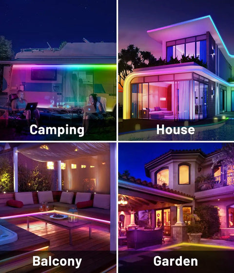 Rainbow RGB IC LED Strip Lights 49.21ft Outdoor Smart Rope Lights With 64 Scene Modes illuminating camping, house, balcony, garden.