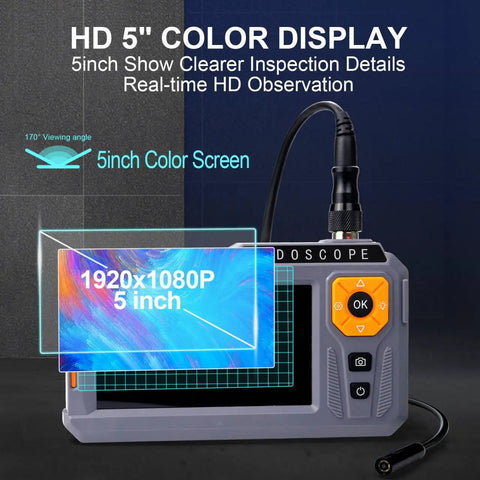 Dual Lens 5 Inch IPS Endoscope Camera With Light Waterproof SemiRigid Cable Borescope Inspection Tool With 32GB Card For Photo And Video Recording Ideal For Automotive Plumbing Drain And Wall Inspections, front view
