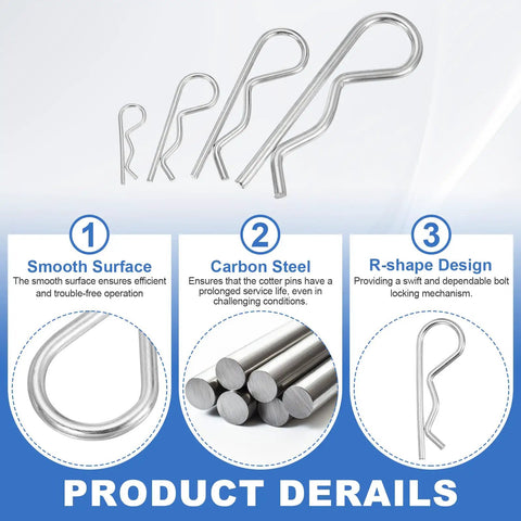 Diagram showing Eight Piece M4 X 75mm Cotter Pin Set Built Tough Heavy Duty Carbon Steel R Clips details with smooth surface.