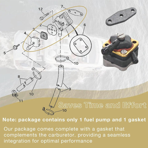 Diagram and overlay of Fuel Pump With Gasket For Johnson Evinrude Outboard Motors 6 8 9.9 15 HP Drop In Replacement Part Fits 397839 397274