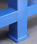 Rock Solid Heavy Duty Steel Workbench Featuring Multiple Lockable Drawers And Sturdy Powder Coated Surface showing blue powder-coated metal frame corner detail.