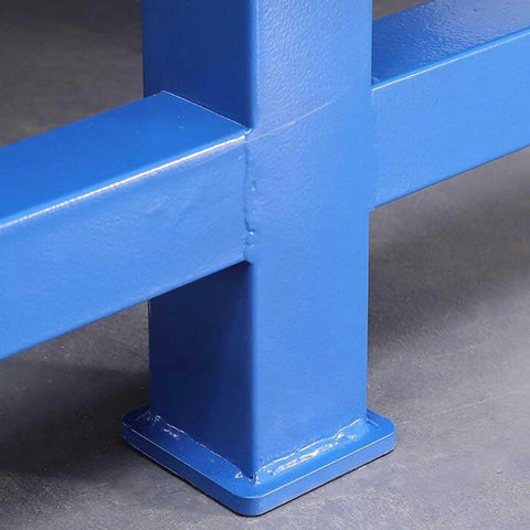 Rock Solid Heavy Duty Steel Workbench Featuring Multiple Lockable Drawers And Sturdy Powder Coated Surface showing blue powder-coated metal frame corner detail.