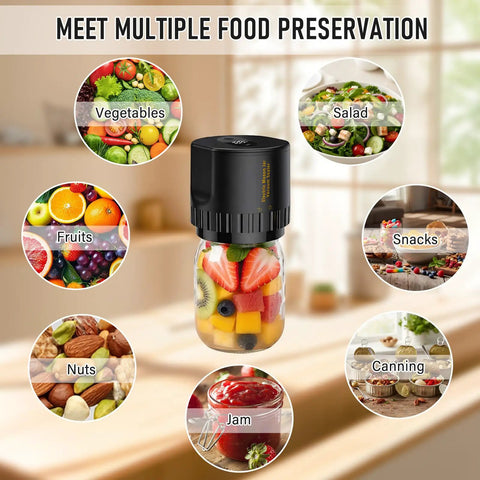 Upgrade Your Pantry Game With This Electric Mason Jar Vacuum Sealer Kit for food preservation with assorted fruits and nuts.