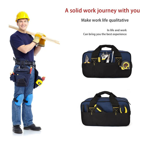 Smiling worker with hard hat holding tools and 14 Inch Wide Mouth Tool Tote Bag For Electricians And Pros on white background