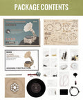 3D Wooden Puzzle For Adults 424 Piece Model Building Kit DIY Wood Craft Set Built To Impress Real Mortise And Tenon Build For Room Decor And An Epic Gift For Men And Women package contents with gramophone parts and instruction manual