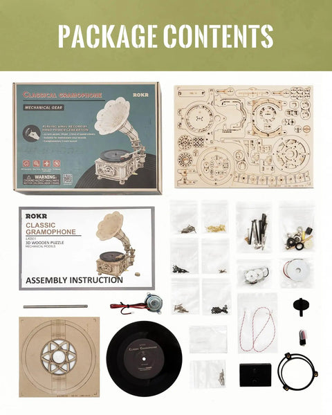 3D Wooden Puzzle For Adults 424 Piece Model Building Kit DIY Wood Craft Set Built To Impress Real Mortise And Tenon Build For Room Decor And An Epic Gift For Men And Women package contents with gramophone parts and instruction manual