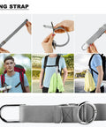 Grab And Go Travel Strap With D Ring Hooks And Buckle shown with suitcase, backpack, and elastic use in outdoor setting