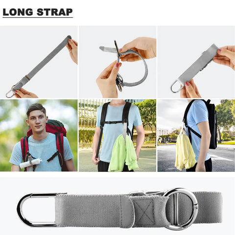 Grab And Go Travel Strap With D Ring Hooks And Buckle shown with suitcase, backpack, and elastic use in outdoor setting
