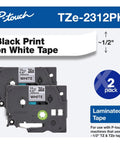 Two Pack Half Inch By Twenty Six Feet Laminated Label Tape Black On White for P-touch machines, showing tape cartridges and labels.