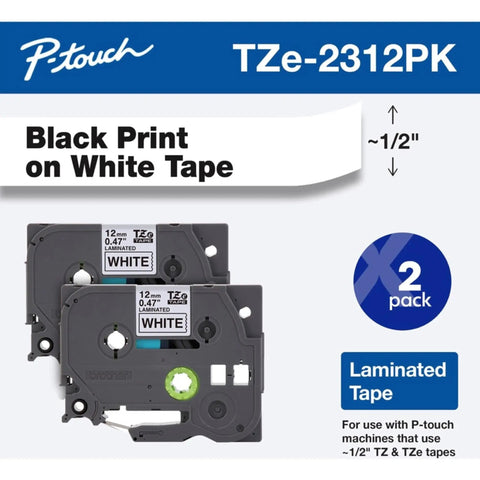 Two Pack Half Inch By Twenty Six Feet Laminated Label Tape Black On White for P-touch machines, showing tape cartridges and labels.