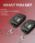 Two Pack Delta 3 310MHz Garage Door Remote Replacement With 8 Dip Switches, black remotes showing keychains and buttons.