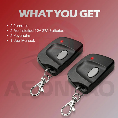 Two Pack Delta 3 310MHz Garage Door Remote Replacement With 8 Dip Switches, black remotes showing keychains and buttons.