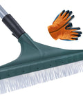 Extra Long Turf Rake For Artificial Grass Built Tough Heavy Duty Astro Turf Bristle Brush For Leaves Removal shown with gloves