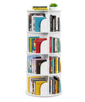 Four Tier Rotating Bookshelf Tower With Spinning Lazy Susan 360 Degree Revolving Book Storage Carousel White Space Saving Corner Organizer For Home Office Living Room shown fully stocked with books.