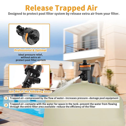 Installed high-flow manual air-relief valve for pool and spa filter; black plastic with orange label.