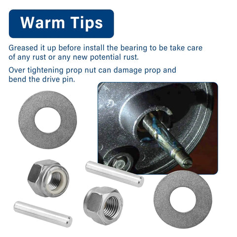 Prop Nut Kit E MKP34 Replacement Compatible With MKP33 MKP38 showing nuts, washers, shear pins, and installation tip