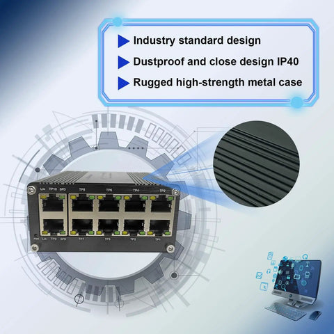 Rugged 10 Port Gigabit Ethernet Switch With Auto MDI X RJ45 Ports displayed with industrial design highlights and IP40 rating.