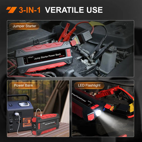 Hella Powerful 2000A Car Battery Jump Starter To Kickstart Your Ride Instantly connected to a vehicle for jump-starting.