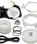 Rock Solid Washer Shift Actuator And Pulley Clutch Kit With Heavy Duty Drive Belt For Whirlpool Maytag Kenmore Amana components laid out.