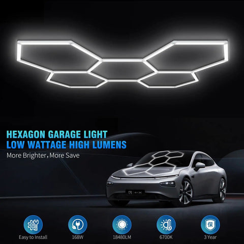 Hexagon Garage Lights 25 Pack LED Ceiling Fixtures 168W 21840 Lumens 6700K Daylight White For Car Detailing Shop Gym Workshop Basement Flicker Free Eye Friendly Mega Bright Crisp Daylight Coverage