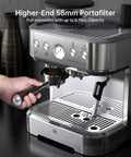 Top Shelf Espresso Machine With Built In Grinder And 15 Bar Pressure Hella Smooth Milk Frother Pouring coffee from 58mm portafilter.