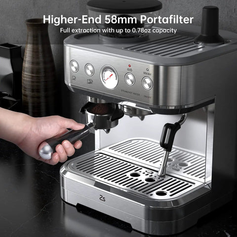 Top Shelf Espresso Machine With Built In Grinder And 15 Bar Pressure Hella Smooth Milk Frother Pouring coffee from 58mm portafilter.