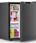 Rock Solid 1.6 Cu Ft Mini Fridge With Freezer showcasing drinks and snacks in an open compact cooler ideal for dorms and offices.