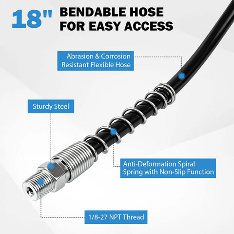 18 inch bendable hose from 8 Piece Grease Gun Fittings Kit With 90 Degree Adapter Sleeves 18 Inch Flexible Hose Zerk Cleaner Tips And Accessory Bundle For All One Eighth NPT Grease Guns For DIYers And Pros, sturdy steel, anti-deformation spiral spring, abrasion and corrosion resistant.