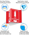 Fire Extinguisher Sign With Down Arrow, V-Shaped Acrylic Plastic, 3 Pack, 6 By 8 Inches, Four Pre Drilled Holes, Includes Matching Screws